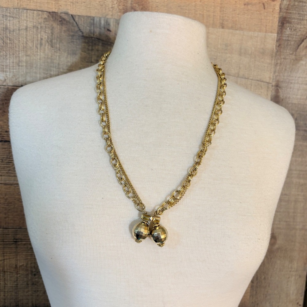 Gold Tone Layered Lariat Necklace Faceted Disco Ball Pendants Double Link Chain